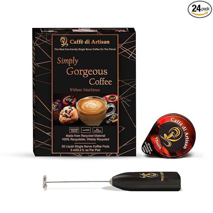 Caffè di Artisan Asmara Liquid Coffee Pods – 24 Count | Medium Roast Arabica with Frother | Peel &amp Pour | Cold Brew Iced &amp Hot Coffee | Eco-Friendly Machine-Free Ready in Seconds