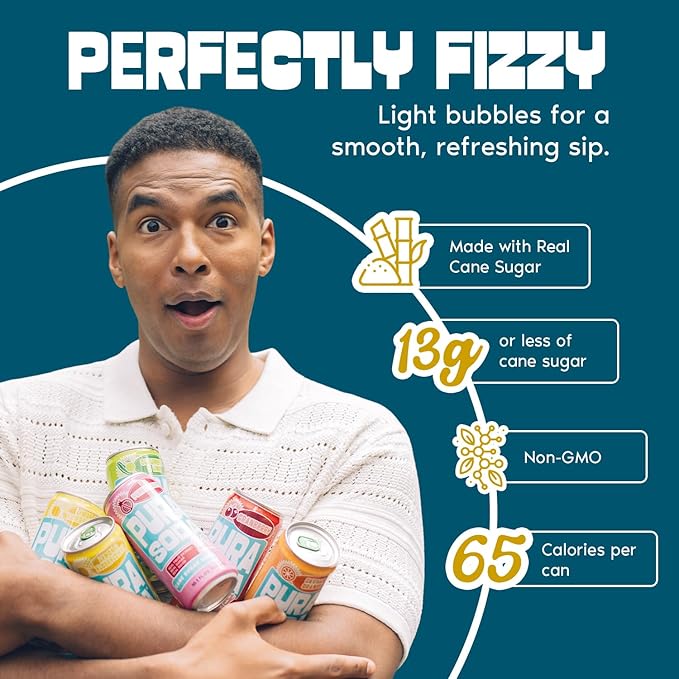 PuraSoda® Zest Fest Soda Variety Pack - Cucumber &amp Lime Orange &amp Ginger Ale | 10 fl oz (Pack of 24) | 65 Calories 13g Real Cane Sugar Real Fruit Extracts | Non-GMO Vegan No Stevia or Art