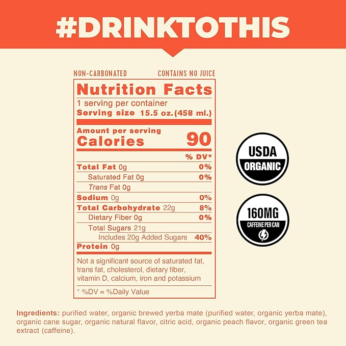 NEW! CLEAN Cause Lemonade &amp Tea and Peach USDA Organic Yerba Mate Tea (15.5oz cans 2-12-Pack Case) Non-Carbonated 160mg Caffeine