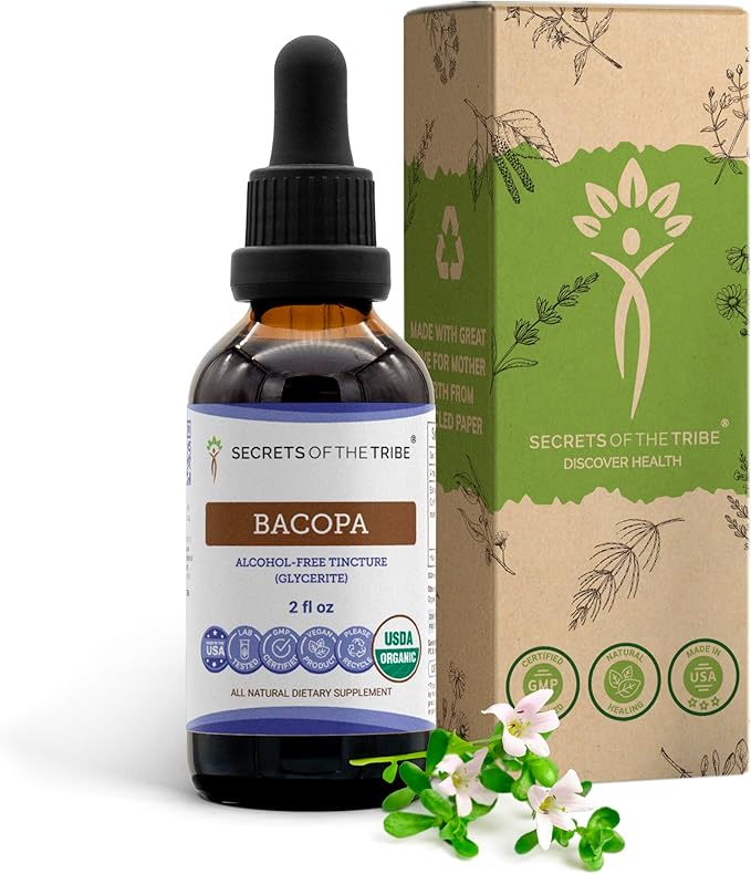 Bacopa USDA Organic | Alcohol-FREE Extract High-Potency Herbal Drops Relaxation Positive Cognitive Effect | Made from 100% Certified Organic Bacopa (Bacopa Monnieri) Dried Herb 2 oz