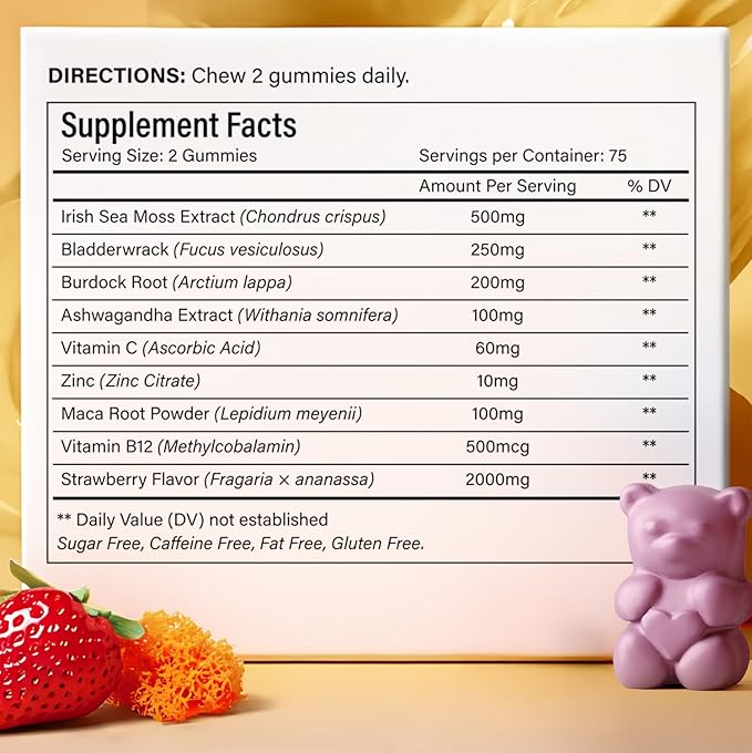 150 Sea Moss Gummies | Strawberry Flavor Vegan Gummies | Extra Rich 9-in-1 Formulation with Irish Sea Moss Elderberry Bladderwrack Burdock Ashwagandha Maca Zinc B12 | Energy &amp Immune Suppor