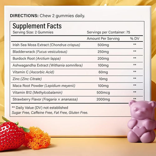 150 Sea Moss Gummies | Strawberry Flavor Vegan Gummies | Extra Rich 9-in-1 Formulation with Irish Sea Moss Elderberry Bladderwrack Burdock Ashwagandha Maca Zinc B12 | Energy &amp Immune Suppor