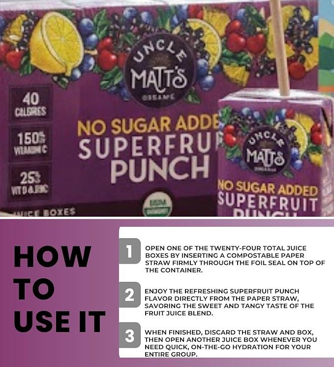 3x Uncle Matt’s Organic Superfruit Punch Juice Boxes 8-Pack 54 fl oz Bundle with Paper Straw 50 pc and Reusable Carry Bag – Organic Juice with Vitamins C &amp D for Kids — Gift Set (4 Items)