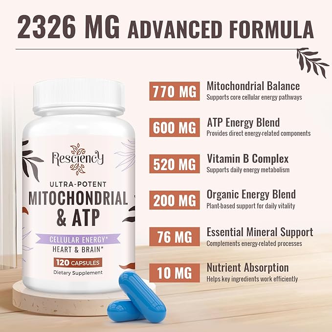 Resciency 2326 MG Mitochondrial Supplements with ATP Vitamins CoQ10 &amp PQQ More Effective Than Creatine HMB &amp Nitric Oxide Energy Endurance Strength Recovery &amp Muscle Organic 240 C