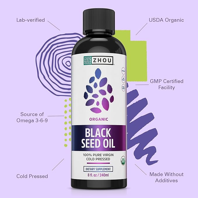 ZHOU Black Seed Oil &amp Capsules - Black Cumin Seed Oil Cold Pressed Pure Unrefined Nigella Sativa Premium Supplement for Health Hair &amp Skin - 8 fl oz Bottle &amp 60 Capsules
