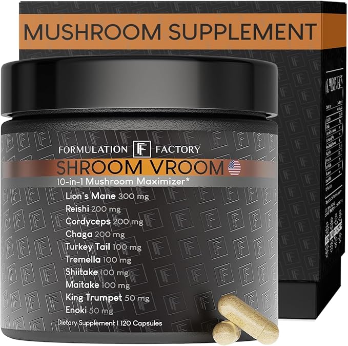 Formulation Factory Mushroom Supplement - Shroom Vroom 10-in-1 Mushroom Complex with Lion's Mane Cordyceps &amp Turkey Tail - Brain Focus &amp Energy Capsules - 120 Capsules 2 Month Supply