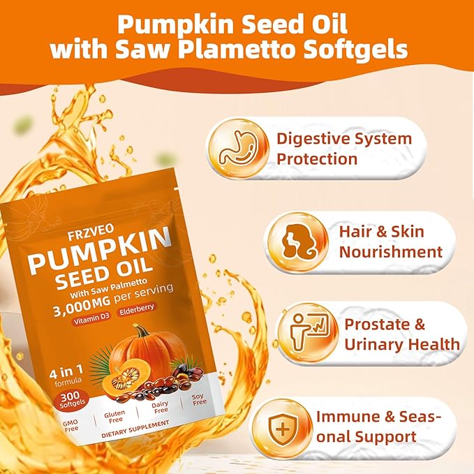 Pumpkin Seed Oil with Saw Palmetto Vitamin D3 &amp Elderberry-300 Capsules Pure Virgin Oil Essential Fatty Acids &amp Phytosterols-Supports Prostate Function Hair Health &amp Urinary Comfort