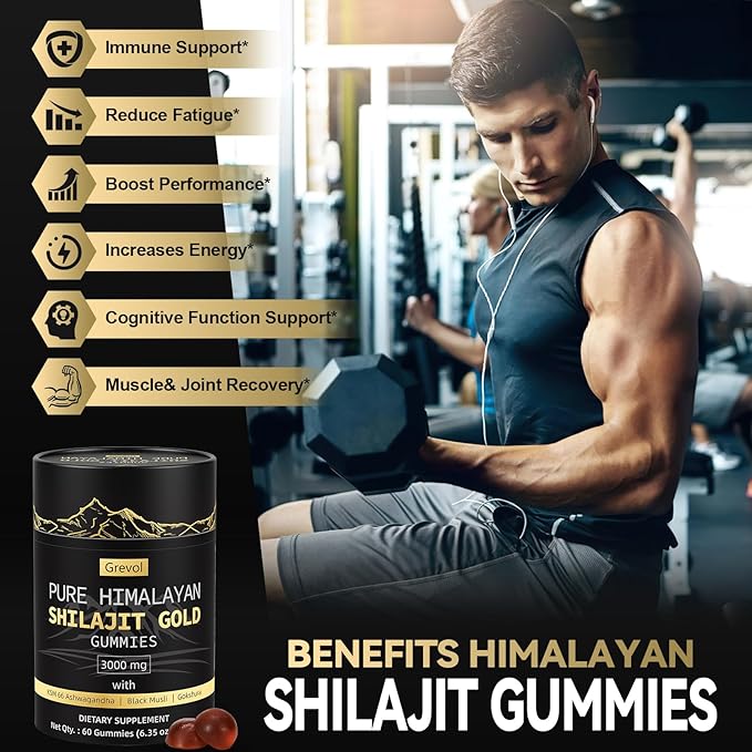 Himalayan Shilajit Gummies: Gold Grade Shilajit Riched with Ashwagandha Fulvic Acid &amp 85+ Trace Minerals - No Added Sugar - Individually Wrapped - for Men &amp Women - 60 Gummy
