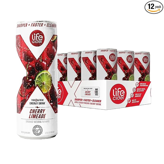 Life Cider X Cherry Limeade Apple Cider Vinegar Healthy Energy Drink 12 Pack Organic Energy Drink Made with ACV and Paraxanthine Natural Flavors No Jitters No Crash