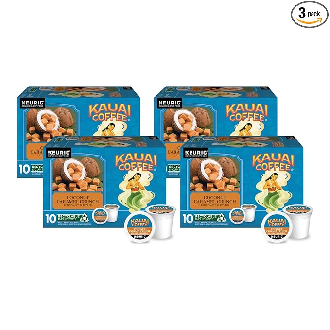 Kauai Coffee Coconut Caramel Crunch Flavor - Compatible with K-Cup Brewers 10 CT (Pack of 4)