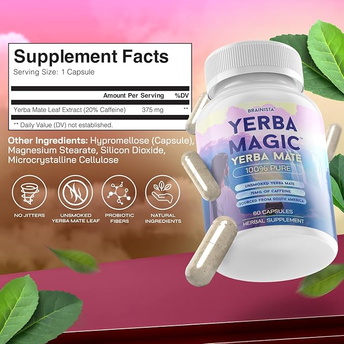Yerba Magic Yerba Mate Capsules - 100% Pure Extract High Potency Energy &amp Focus - 75mg Clean Caffeine Yerba Mate Pill No Jitters No Fillers - Unsmoked South American Sourced - 60 Day Supply