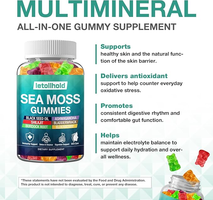 Sea Moss Gummies - Irish Sea Moss Gummies Advanced for Adults with Ashwagandha Bladderwrack &amp Burdock Root for Supports ImmuneEnergy - 60 Vegan Gummy2PCS