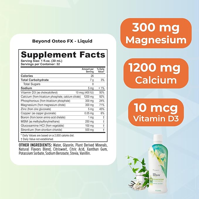 Youngevity Beyond Osteo-FX Liquid 32 oz - Calcium &amp Magnesium 1200/300mg + Vitamin D3 Zinc MSM Glucosamine + 77 Trace Minerals - Supplement for Bone Health (32 fl oz - Pack of 4)