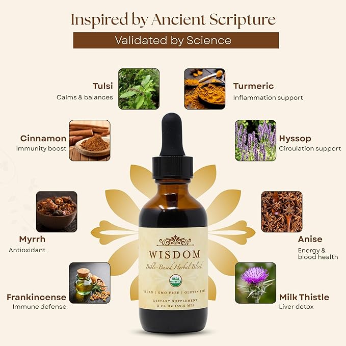 Organic Turmeric Frankincense and Myrrh – Herbal Supplement Blend for Energy Detox Focus Immunity &amp Stress – Non-GMO Vegan Tonic with Milk Thistle – Wisdom Bible Based Blend – 2oz Liquid Drops
