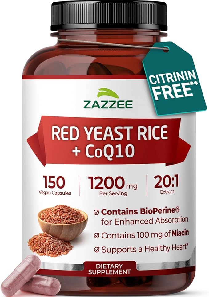 Extra Strength Red Yeast Rice with CoQ10 - 20X Concentrated 1200mg Red Yeast Rice Supplement with Niacin CoQ 10 and BioPerine for Enhanced Absorption - Non-GMO Vegan &amp ISO Lab Tested (75 Servings)