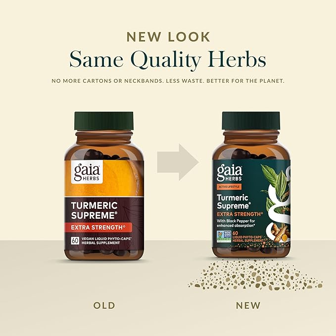 Gaia Herbs Turmeric Supreme Extra Strength - Supports Occasional Discomfort from Normal Wear &amp Tear* - with Turmeric Curcumin &amp Black Pepper - 60 Vegan Liquid Phyto-Caps (Up to 60 Servings)