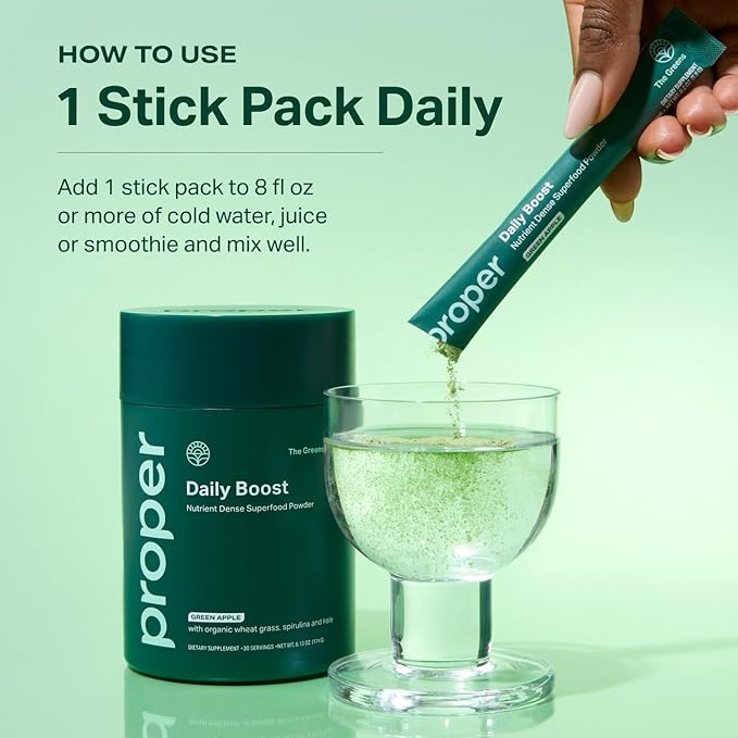 Proper The Greens Daily Boost Organic Greens Powder. Whole Food Apple Flavor Veggie Powder Superfood with Wheatgrass Spirulina Chlorella Probiotics. Daily Drink Mix for Wellness and Digestion