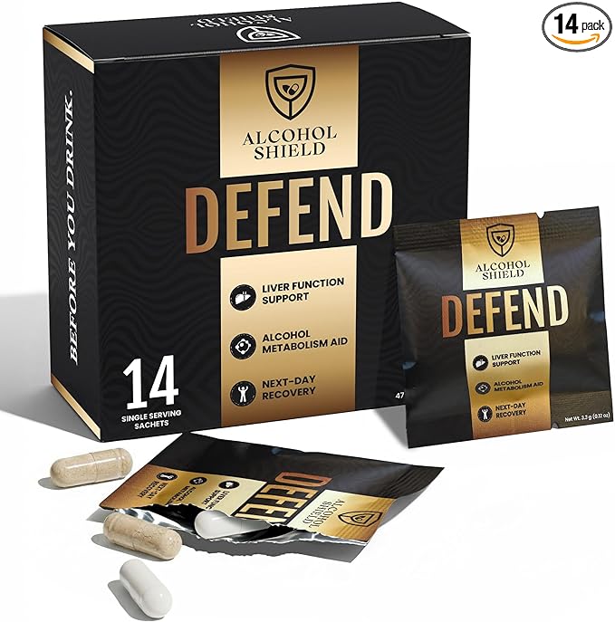 Defend Hangover Supplement | Pre-Drinking Formula with DHM + NAC | Feel Better After Drinking | Alcohol Recovery &amp Liver Support | Electrolytes B Vitamins &amp Probiotics | 14 Sachets