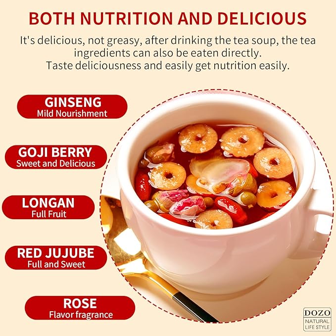 DOZO Ginseng Longan Red Jujube Tea Bag (20 Pack) Longan Goji Red Jujube Tea Women Replenish Qi Combination Herbal Tea 10.58oz/300g 人参桂圆红枣茶