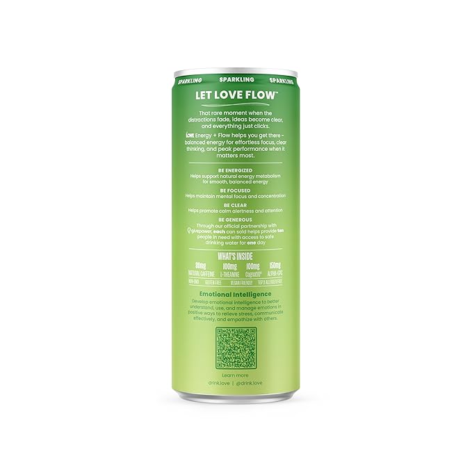 Be LOVE Energy + Flow – 80mg Natural Caffeine L-Theanine &amp Alpha-GPC for Clean Calm Focus – Zero Sugar Low Calorie 100% DV B-Vitamins – Non-GMO Vegan – 12 fl oz (Pack of 12) (Green Apple Spark