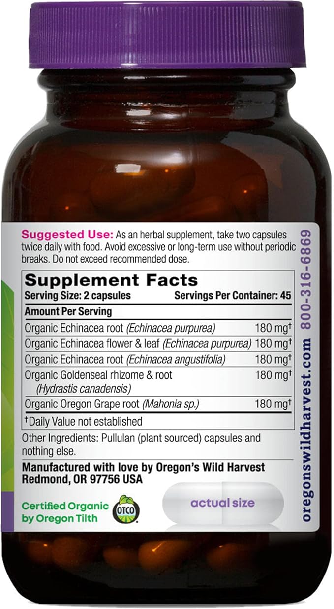 Oregon's Wild Harvest Echinacea Goldenseal Organic Capsules | Vegan Non-GMO Gluten Free Immune Support* 90 Count