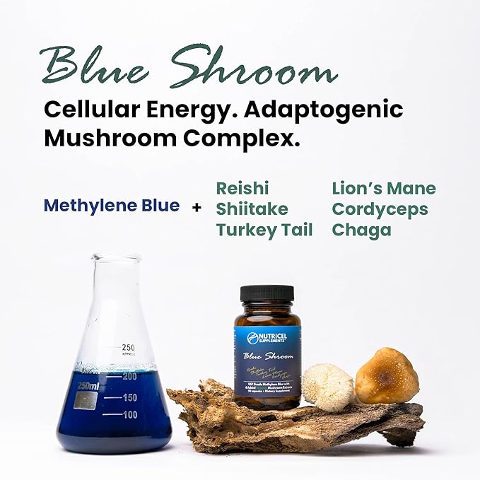 Methylene Blue Capsules with Mushroom Extracts: Lion's Mane Reishi Cordyceps Chaga Shiitake Turkey Tail - Trusted Made in America - 7mg (USP Grade) (60ct)