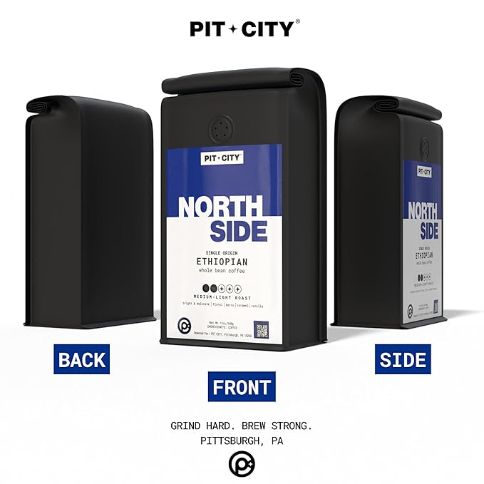 Pit City North Side Single Origin Ethiopian Medium-Light Roast Whole Bean Coffee 12oz Bag - Bright &amp Delicate Floral Berry Caramel and Vanilla - Premium Small Batch Roasted - Pittsburgh