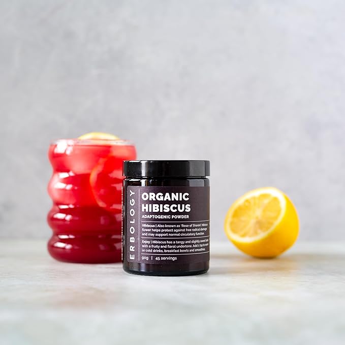 Erbology Organic Hibiscus Powder 3.2 oz - 45 Servings - Destress - Straight from Farm - Raw Vegan and Gluten-Free - Non-GMO - No Additives or Preservatives - Recyclable Glass Jar