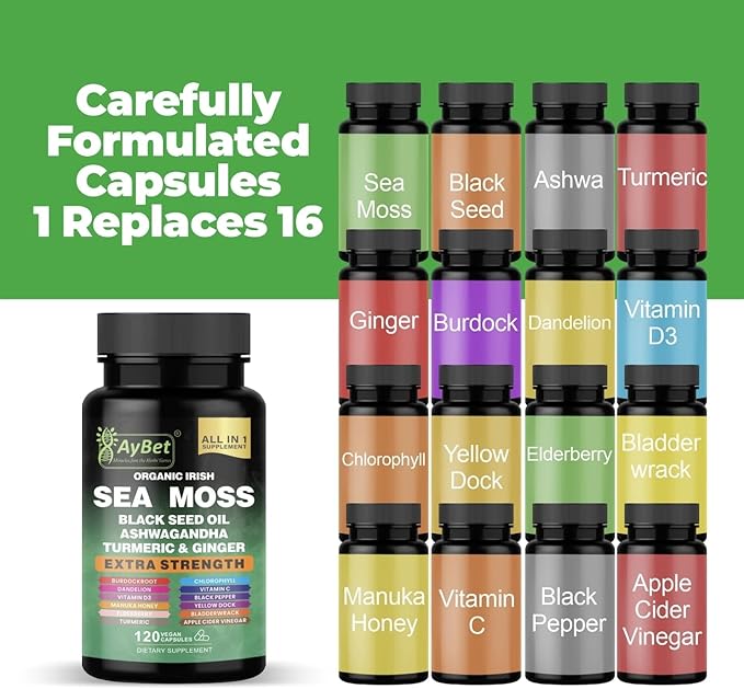 Organic Irish Sea Moss Capsules 120 Count –16 in 1 Sea Moss Supplement with Black Seed Oil Ashwagandha Turmeric &amp Ginger Bladderwrack &amp Burdock Root Vitamin D3 –Organic Vegan Halal Non-