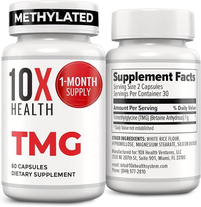 10X Health TMG Supplements - Trimethylglycine Supplement for Liver Support Heart Wellness Energy Homocysteine Levels - TMG Capsules with Betaine Anhydrous - Non-GMO &amp Gluten-Free - 60 Capsules