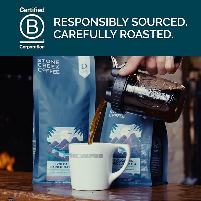 Stone Creek Coffee Dark Roast Whole Bean Coffee – 12 Ounce (Pack of 1) – Smooth Fresh Roasted Coffee Beans with Dark Chocolate Tasting Notes 3 Volcanoes Dark Guatemala