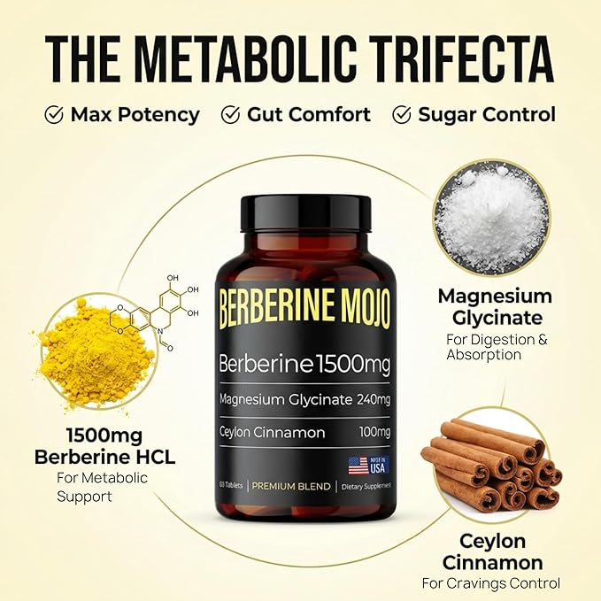 Berberine 1500mg Supplement with GLP-1 &amp Glucose Support - Berberine HCL Magnesium Glycinate Ceylon Cinnamon - Sugar Control &amp Weight Management Herbal Supplements - Made in USA 60 Tablets
