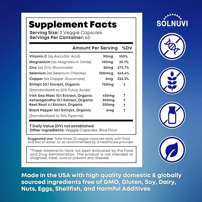 Shilajit Pure Himalayan Organic Capsules with Irish Sea Moss Ashwagandha Copper Beet Root - Fulvic Acid Trace Minerals Supplement for Men &amp Women - 180 Count Non-GMO Gluten-Free