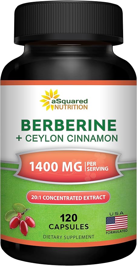 Berberine with Ceylon Cinnamon Supplement - 1400mg Per Serving Max Strength Complex - 120 Capsules - 1200mg Per Serving HCl Powder Extract Plus Pills - Alternative to Gummies &amp Drops