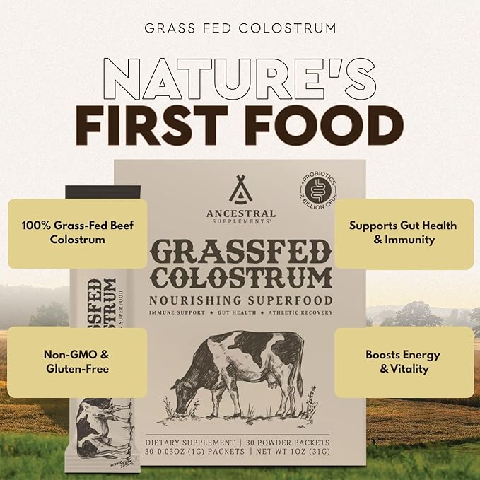 Ancestral Supplements Grass Fed Beef Bovine Colostrum Powder Packets Immune Support Supplement Gut Skin &amp Hair Health Support Supplements Promotes Growth and Repair Non GMO 30 Sticks Unflav