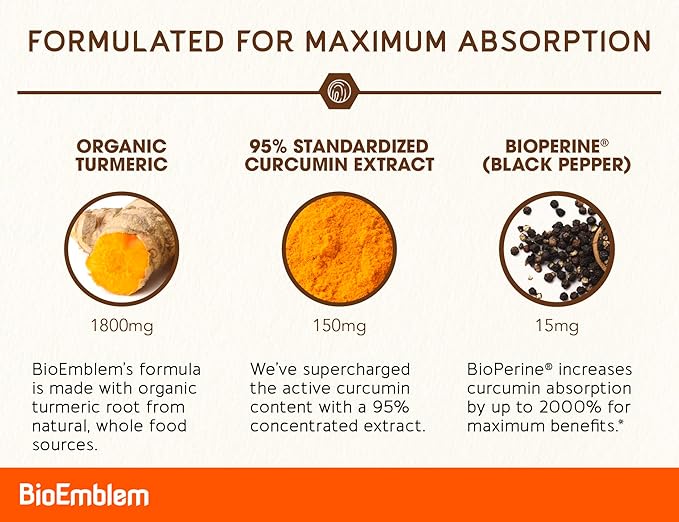 BioEmblem Turmeric Curcumin Supplement with BioPerine | Joint Support &amp Heart Health | with Organic Turmeric Powder &amp 95% Curcuminoids Extract | California Made Non-GMO 30-Day Supply