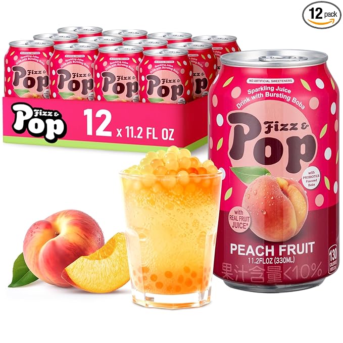 NÜLIFE Fizz &amp Pop Sparkling Popping Boba Drink Peach Carbonated Drink with Yogurt Style Bursting Pearls Sparkling Juice in Can Caffeine-Free Authentic Taiwan Sparkling Boba Fruit Juice 11.2 F