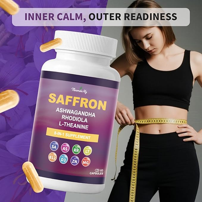Saffron Supplements – Blend with Ashwagandha Safron Rhodiola Magnesium L-Theanine Zinc &amp B12 88.5 mg Pure Saffron Extract Capsules Mood Energy Vision &amp Focus – 60 Vegan Capsules