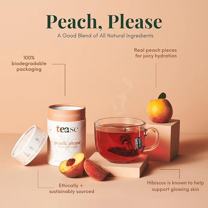 Tease Tea Peach Herbal Tea - Peach Please Caffeine Free Tea Made with Organic Peaches Hibiscus Flowers and Rosehip Hibiscus Tea Blend For Juicy Fresh Hydration And Glowing Skin