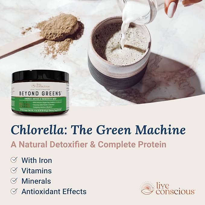 Live Conscious Beyond Greens Superfood Powder - Delicious Debloating Super Greens Powder - Matcha Greens Blend w/Chlorella Echinacea Probiotics for Immune Support &amp Energy