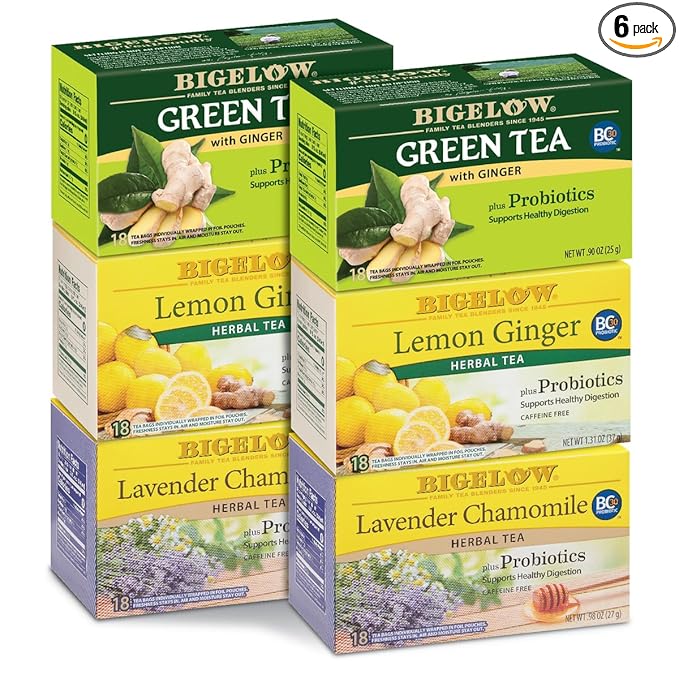 Bigelow Tea Probiotic 3 Flavor Tea Variety Pack Caffeinated and Caffeine Free Green Tea Bags and Herbal Tea Bags 18 Count Box (Pack of 6) 108 Total Tea Bags