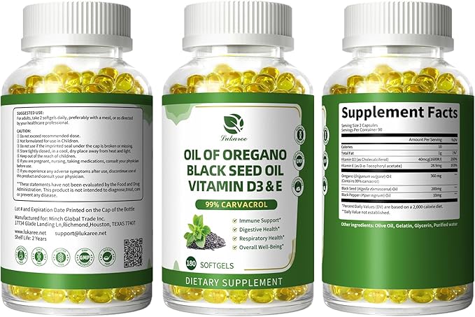 Lukaree Organic Oregano Oil Capsules with Black Seed Oil Ultra-Concentrated 99% Carvacrol 5-in-1 with Vitamin D3 E Black Pepper Immune Respiratory Digestive &amp Antioxidant* 180 Softgels 2 Pa