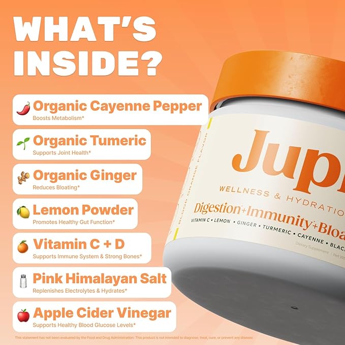 Jupi Hydration &amp Wellness Powder – Turmeric &amp Ginger shots Vitamin C Supplement for Energy Immune Support &amp Digestive Health – Vegan Gluten-Free Drink Mix for Men &amp Women Citrus Fl