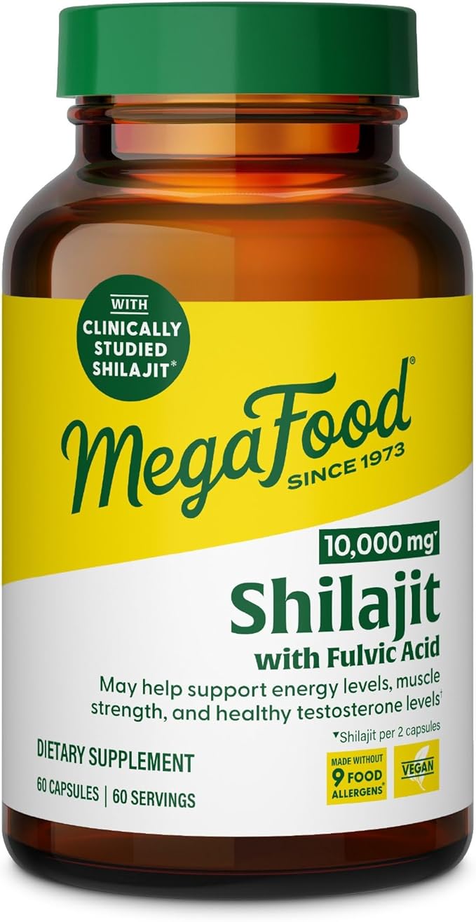 MegaFood Shilajit 10000mg with Fulvic Acid - Shilajit for Men &amp Women - May Help Support Healthy Testosterone Levels Muscle Strength &amp Energy Levels - Vegan Gluten Free 60 Capsules 30 Day