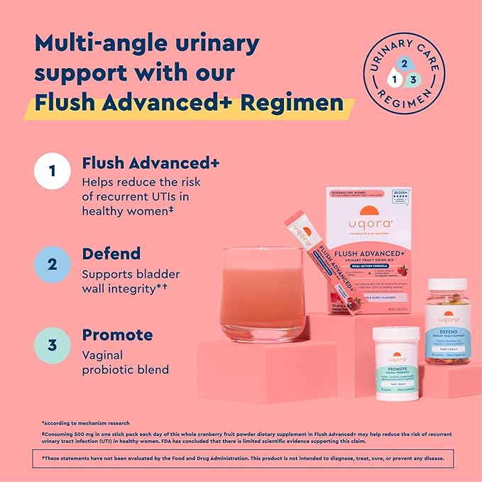 Uqora Flush Advanced+ Regimen with Flush Advanced+ (2 Pack) - Cranberry to Reduce Risk of Recurrent UTI** - Defend &amp Promote - D-Mannose Vitamin C Green Tea Extract &amp Probiotics - 3-Part Bun