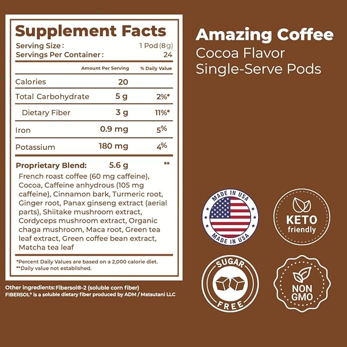 Superfoods Company Amazing Coffee- 12 Natural Superfoods - French Roast - Weight Loss &amp Brain Boost - Gluten Free Non-GMO Sugar Free Vegan &amp Keto Friendly [24 Pods] [Cocoa]