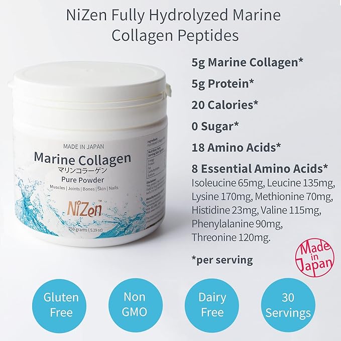 Nizen Marine Collagen Pure Powder Hydrolyzed Peptides Easy-to-Digest Amino Acids Supplement. Unflavored. Non-Clumping. Made in Japan. 5.29oz