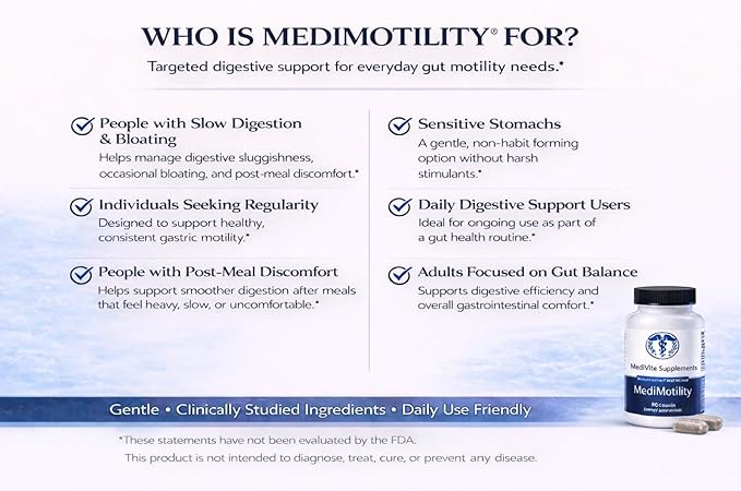 MediMotility 60ct – Physician-Approved Supplement for Healthy Gut Motility &amp Digestive Function – with Ginger Root &amp Artichoke Extract – GI &amp Bloating Support for Men &amp Women