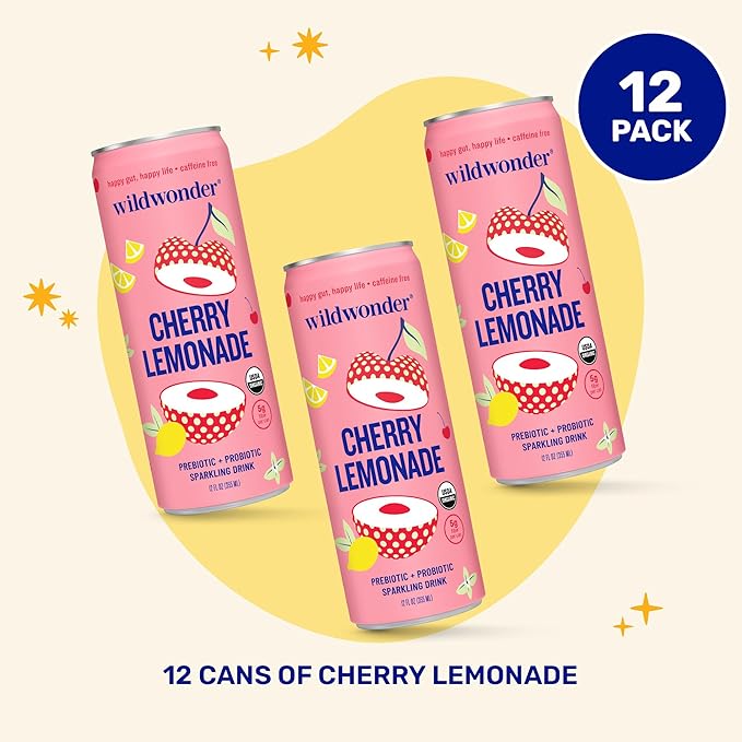 NEW! wildwonder Sparkling Probiotic Drink 12pk For Gut Health &amp Immune Support Cherry Lemonade 5g Prebiotic Fiber Live Probiotics Organic Vegan Low Sugar 12 Pack 12oz Can Seen on Shark T