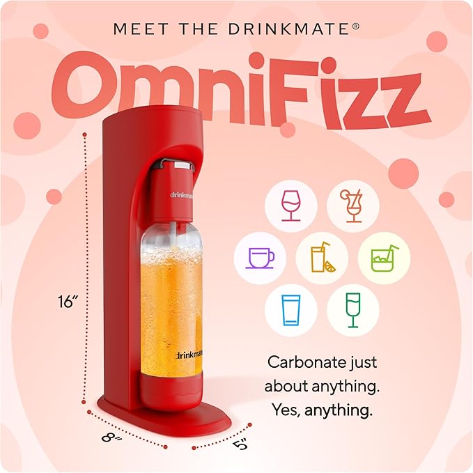 Drinkmate OmniFizz Sparkling Water and Soda Maker Carbonates Any Drink ULTIMATE BUNDLE - Includes three 60L CO2 Cylinders Two Carbonation Bottles and Fizz Infuser (Royal Red)